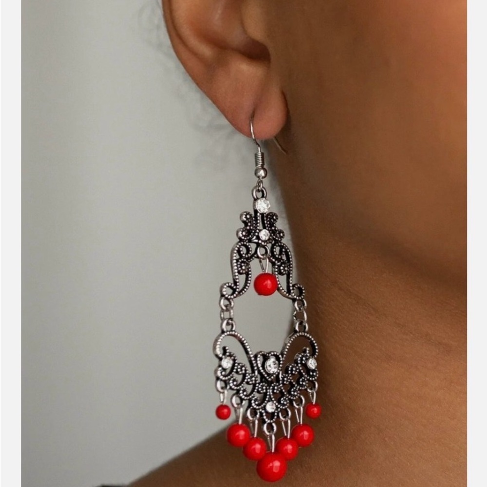 Paparazzi Silver and Red Ornate Earrings